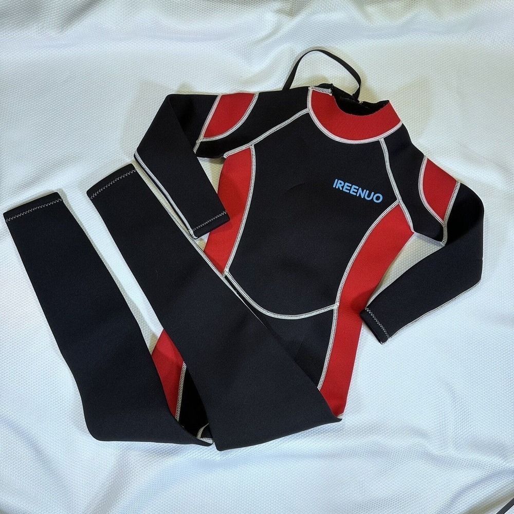 IREENUO Kids red Black Neoprene 2.5mm Thick Long Sleeve One Piece Wetsuit Sz 6